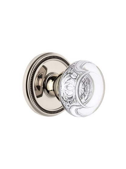 Grandeur Soleil Rosette Door Set with Bordeaux Crystal-Glass Knobs in Polished Nickel.